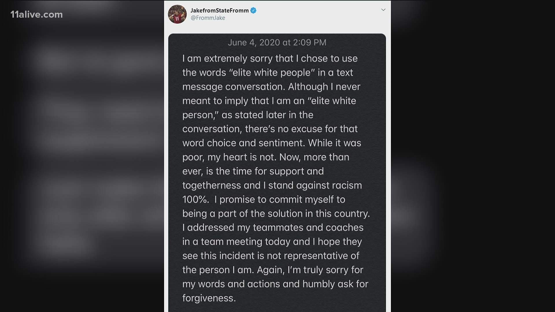 Former UGA quarterback Jake Fromm issued an apology Thursday after a text message circulated in which he referred to "elite white people."