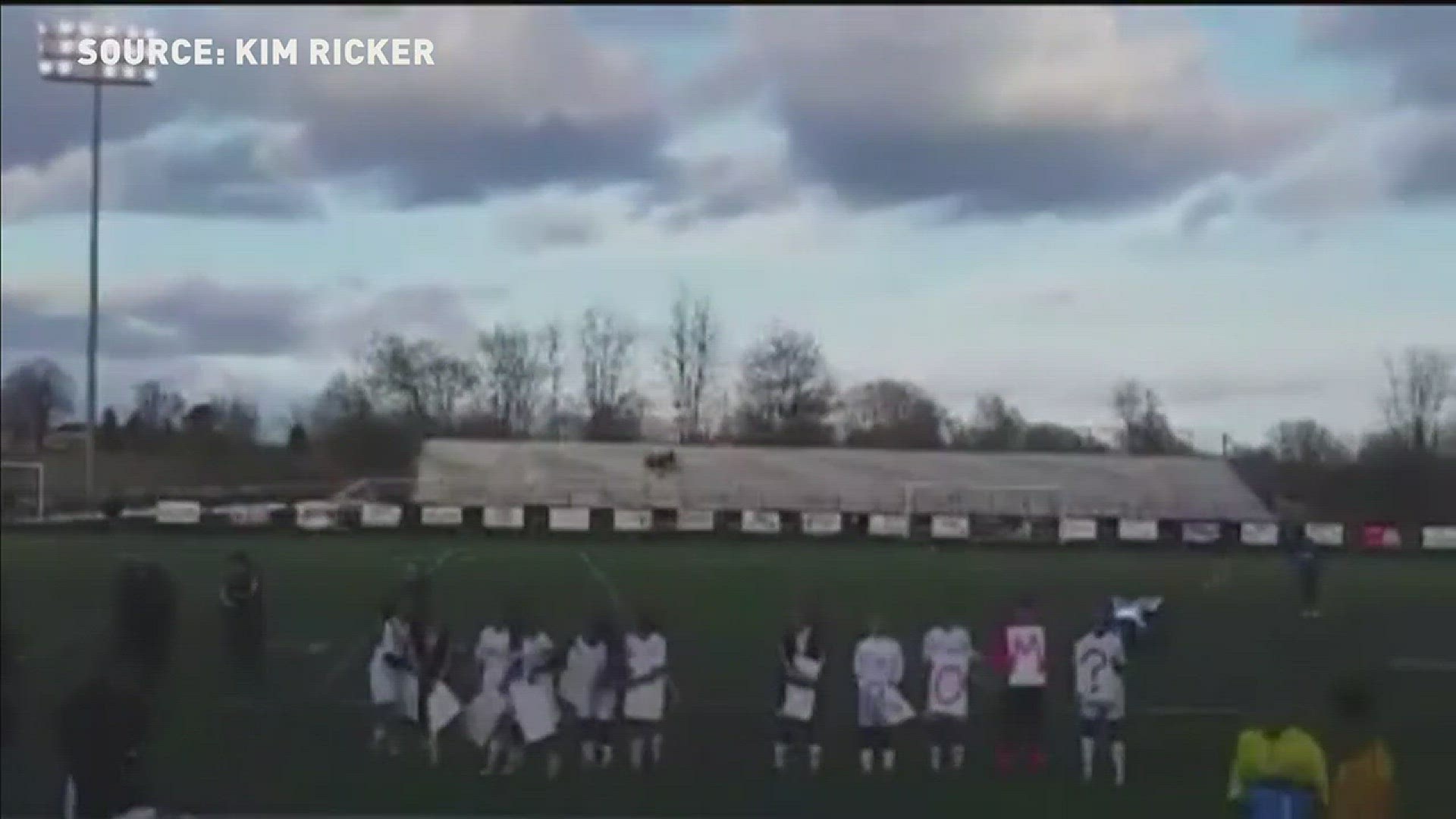 On April 21, during halftime of the girls varsity soccer match, Megan Dreyer (who plays on the team) recruited ten of her teammates to help her ask her friend, Brison Ricker to prom. Megan and the players each held up a sign with a letter on it.